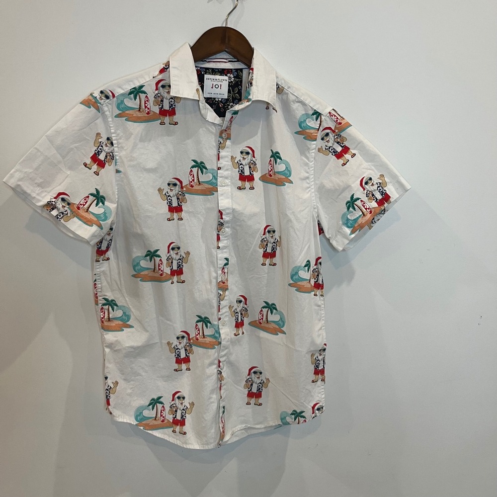 Denim & Flower Ricky Singh Mens Medium Tropical Santa Christmas Button Down